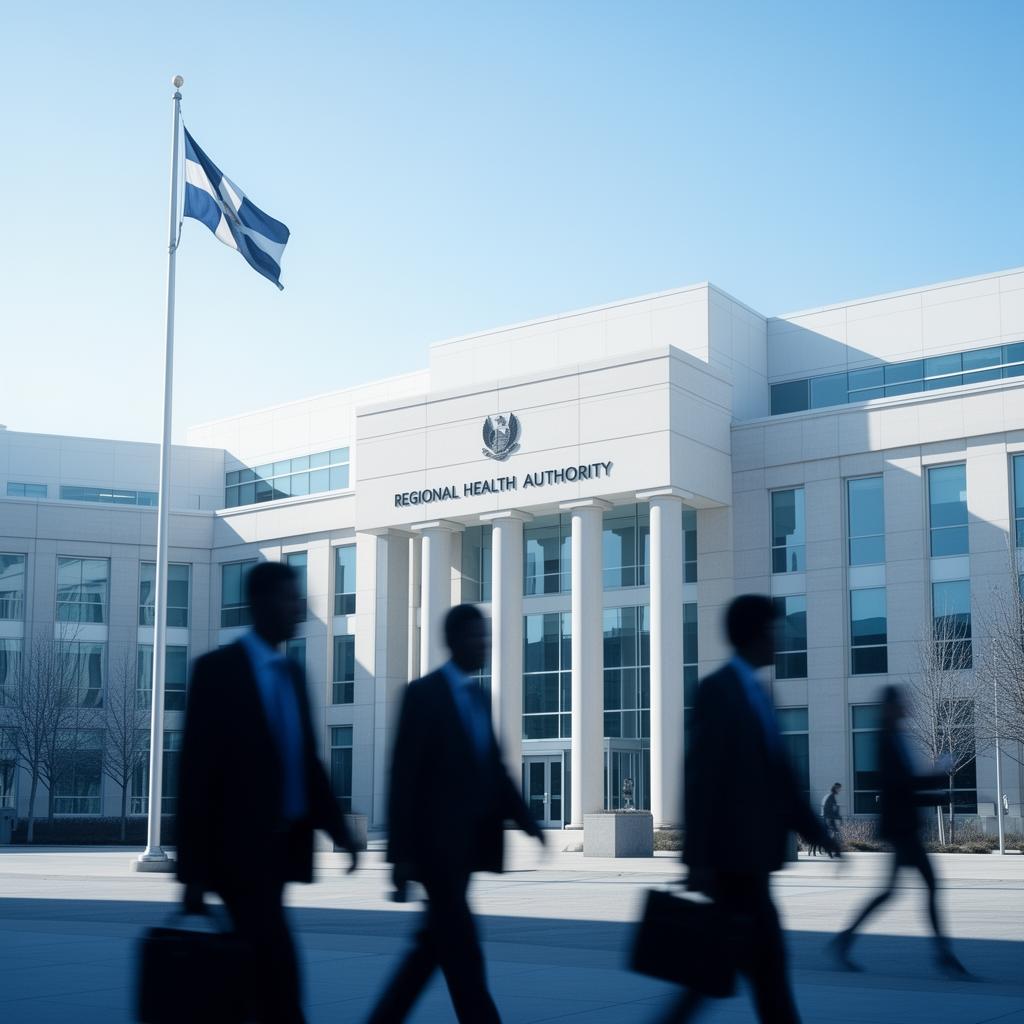 Regional health authority government building with flag and professionals walking outside