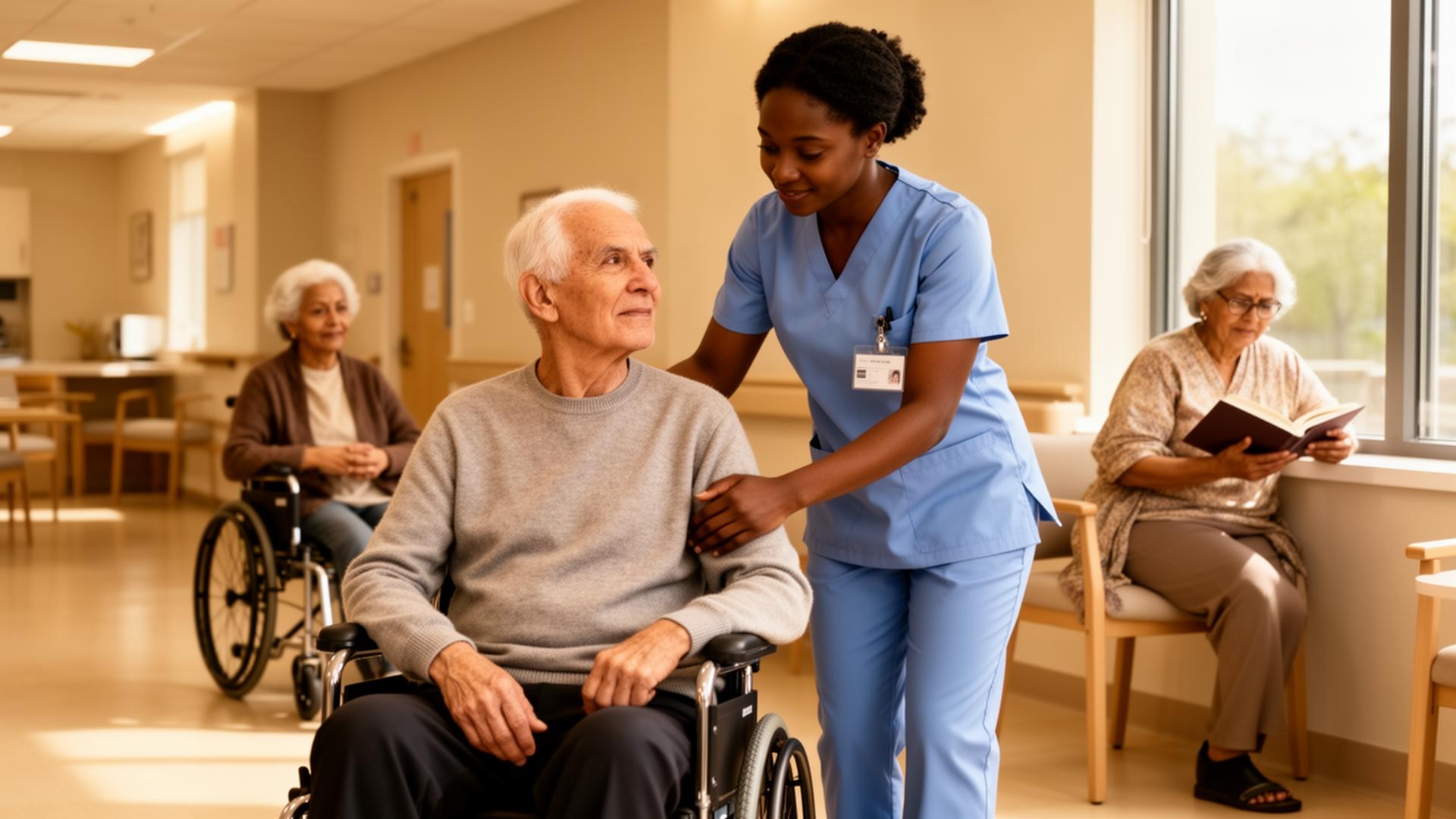 Nurse warmly assisting a senior resident in a long-term care facility