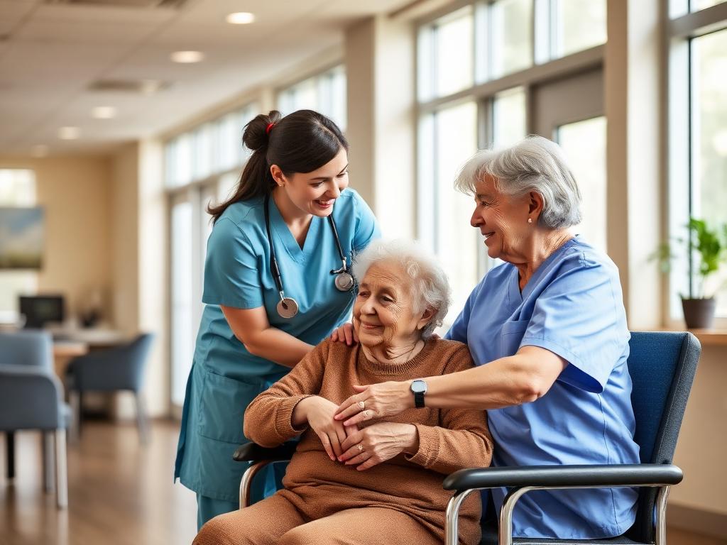 Nurse warmly assisting a senior resident in a long-term care facility