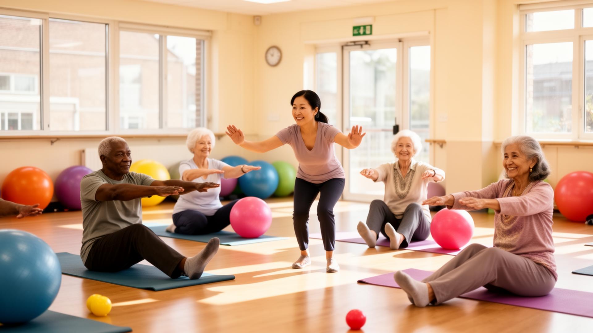 Wellness instructor leading a group fitness class for seniors