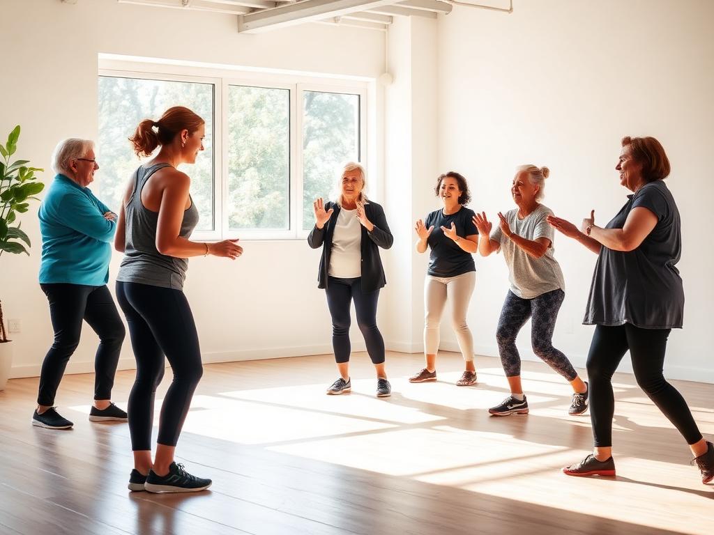 Wellness instructor leading a group fitness class for seniors