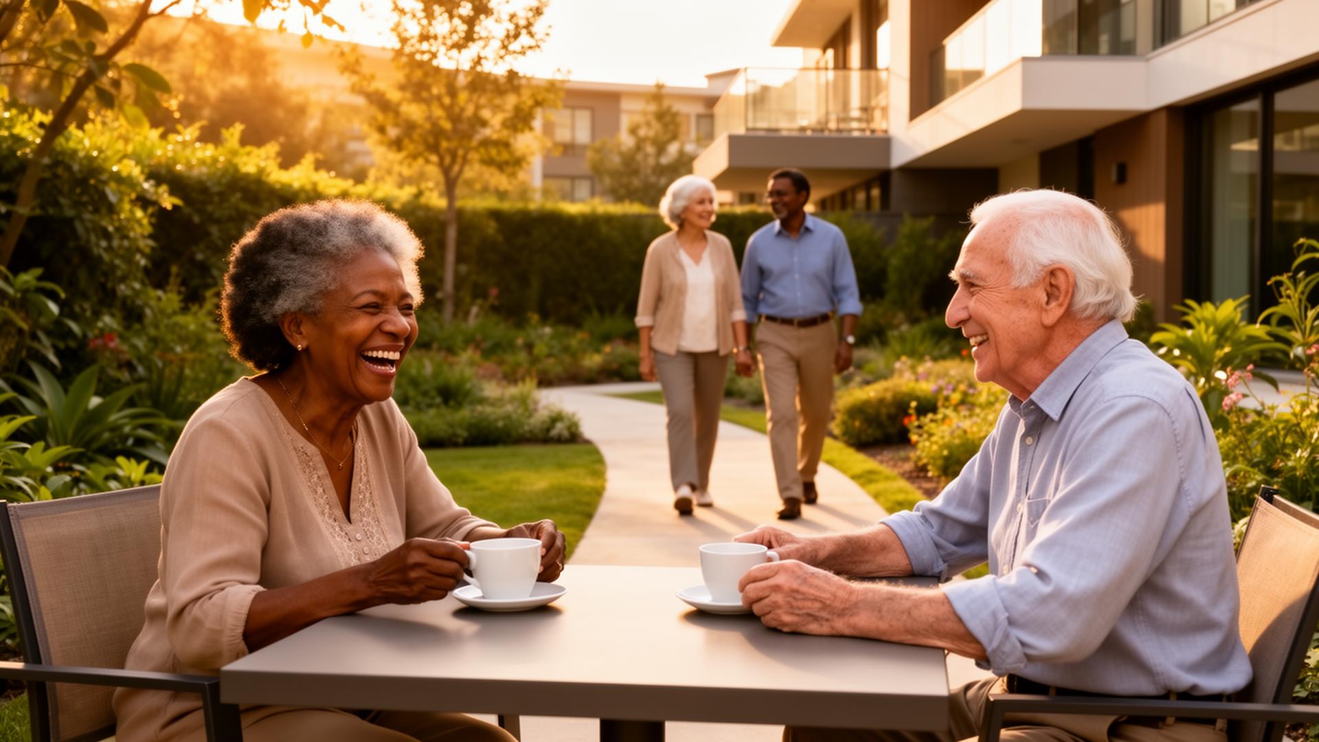 Retirement community exterior with residents socializing