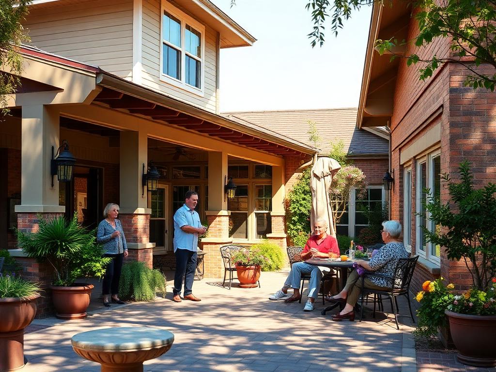 Retirement community exterior with residents socializing