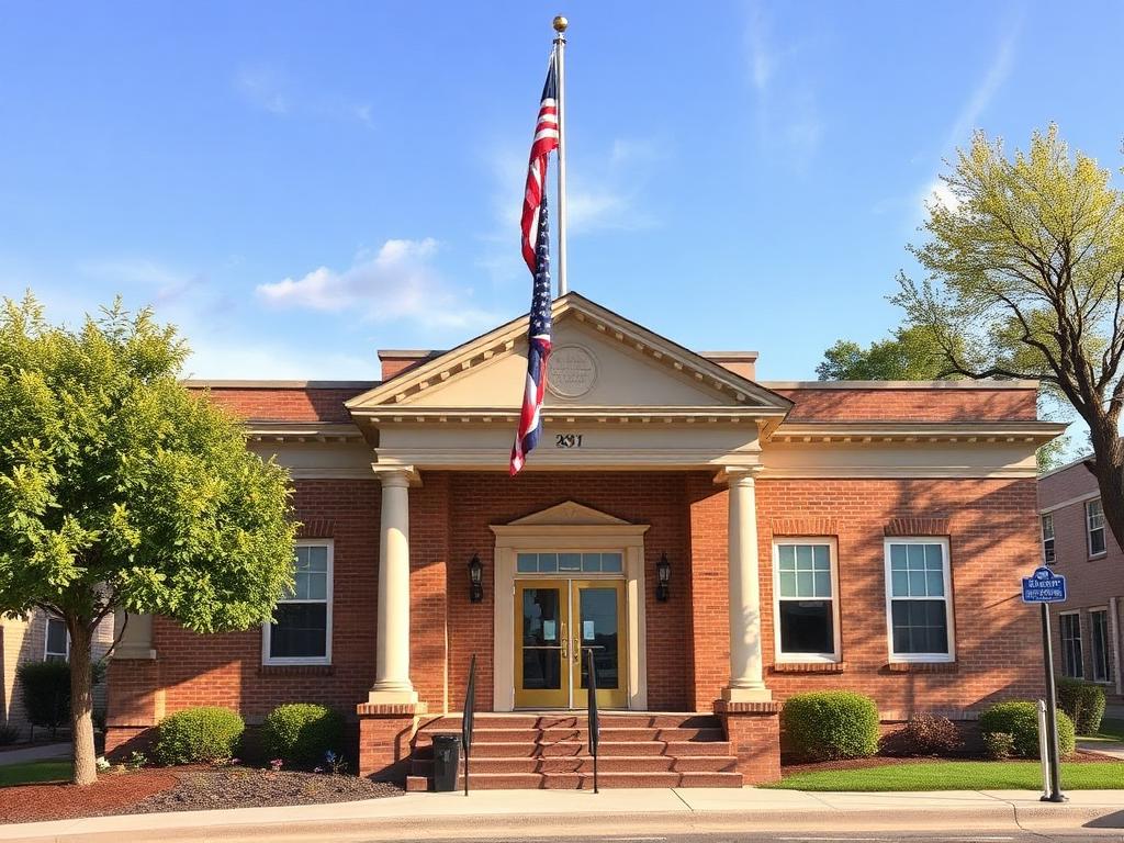 Small-town municipal city hall with flag