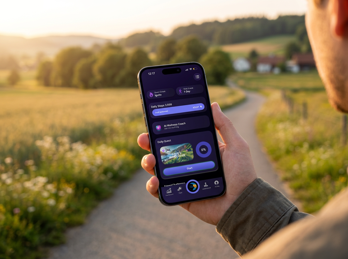 Wellnify.ai mobile app showing daily steps, quests, and wellness coach