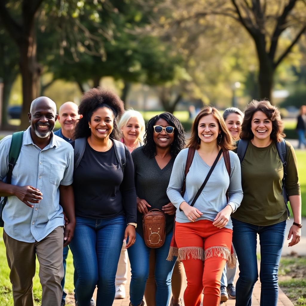 Diverse community members walking together in a local park