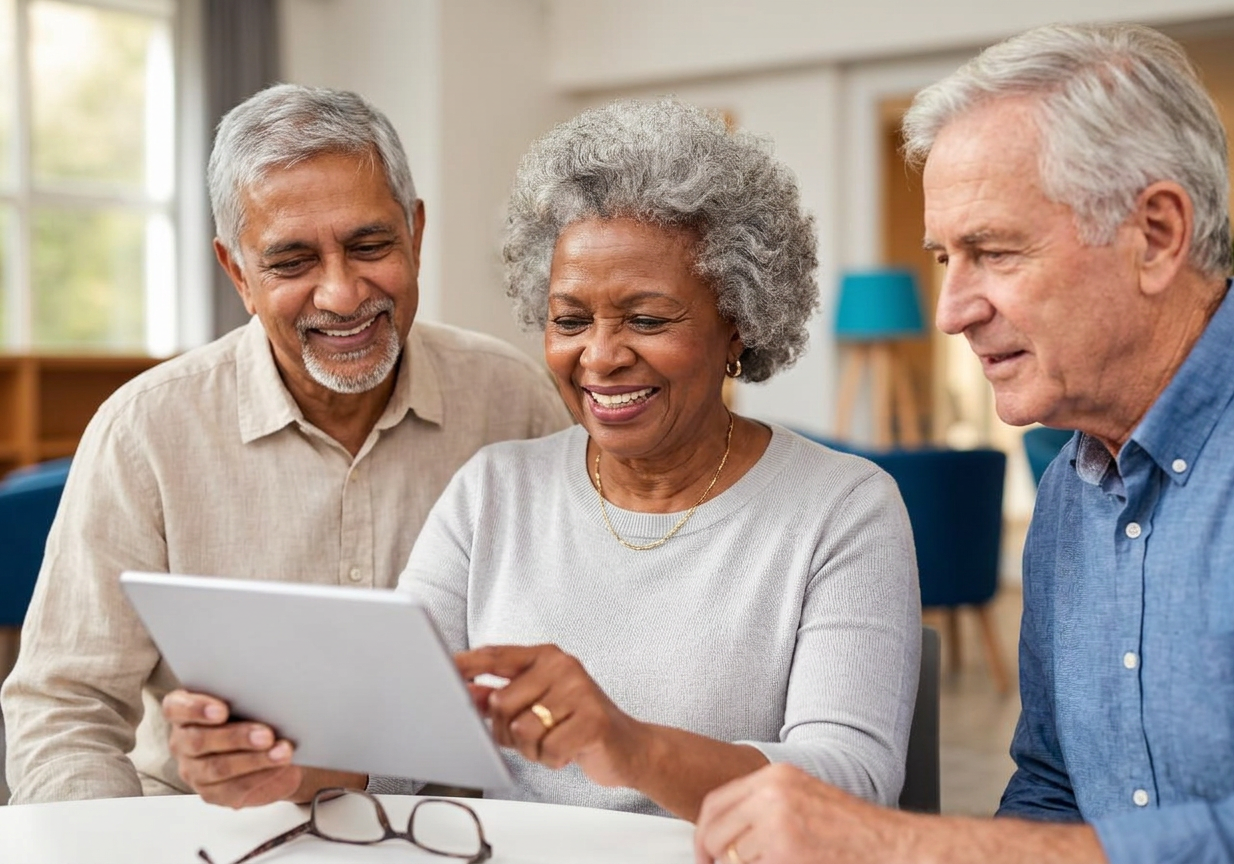 Senior resident using a tablet for a wellness activity