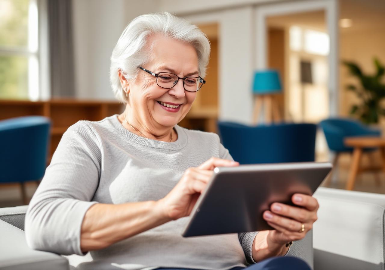 Senior resident using a tablet for a wellness activity