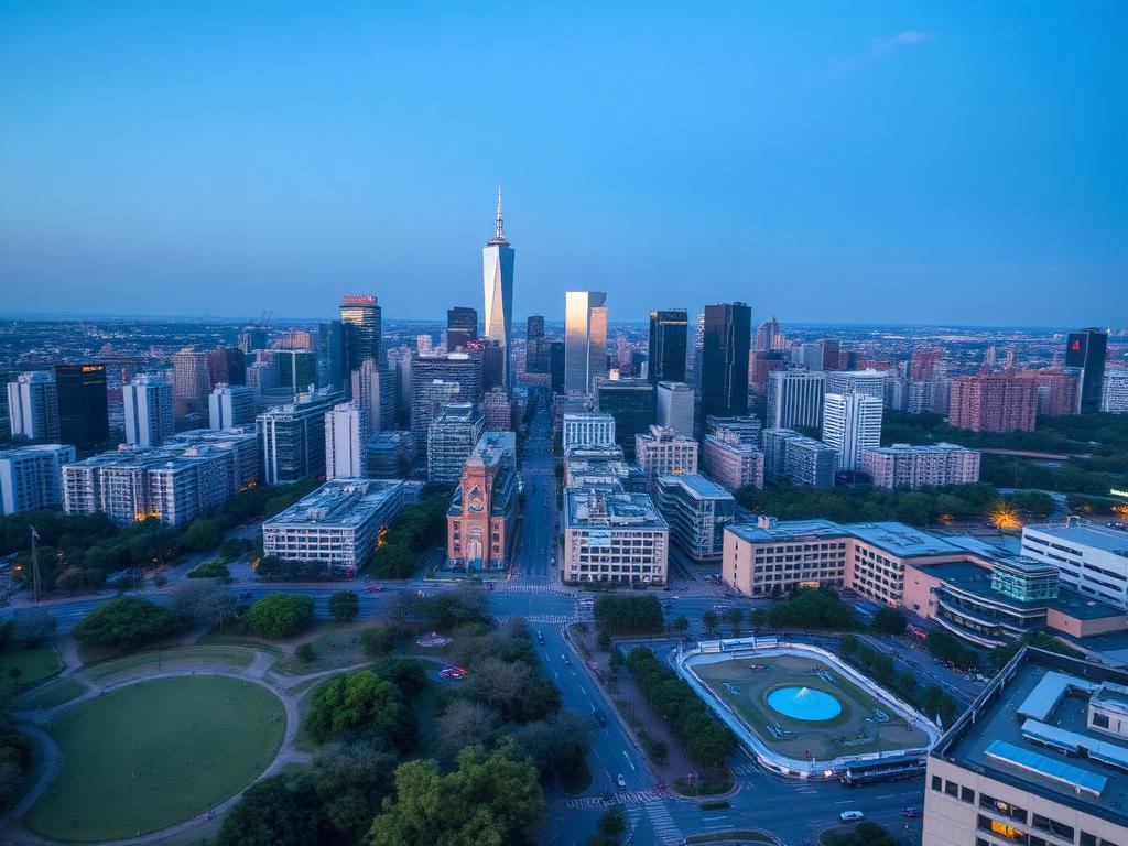 Aerial view of a city skyline at blue hour