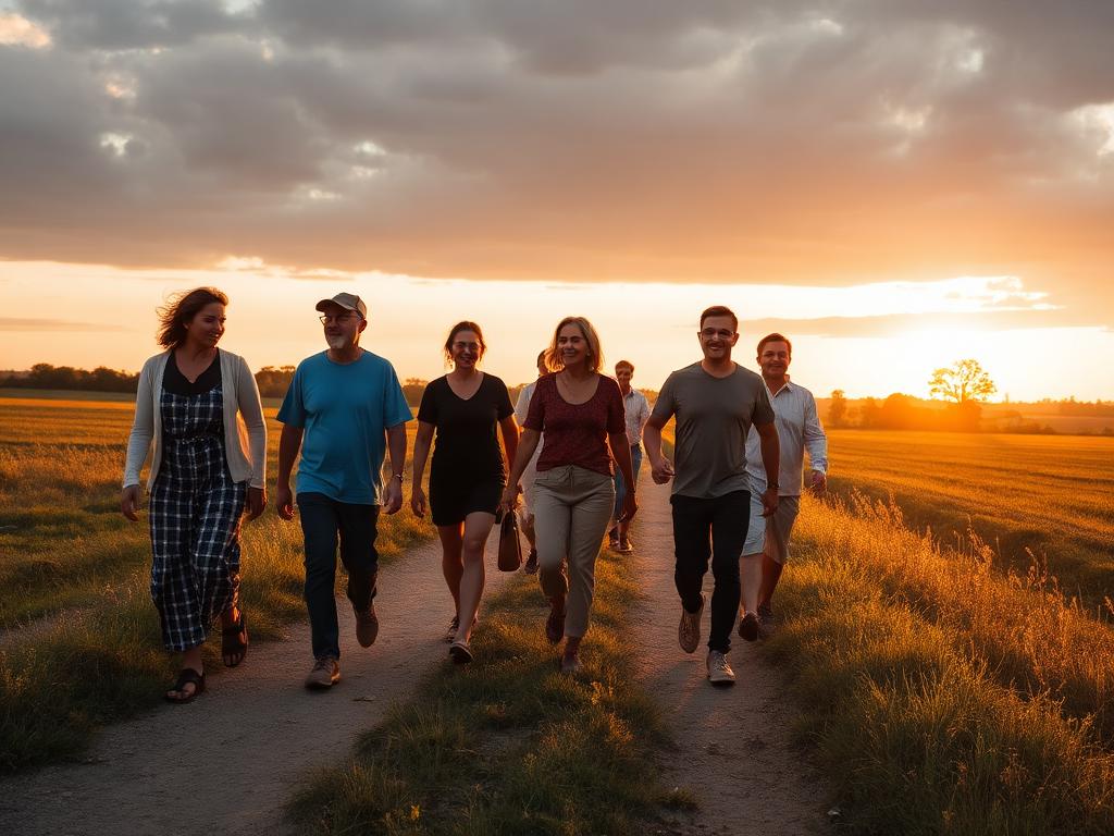 Diverse community members walking together at sunset