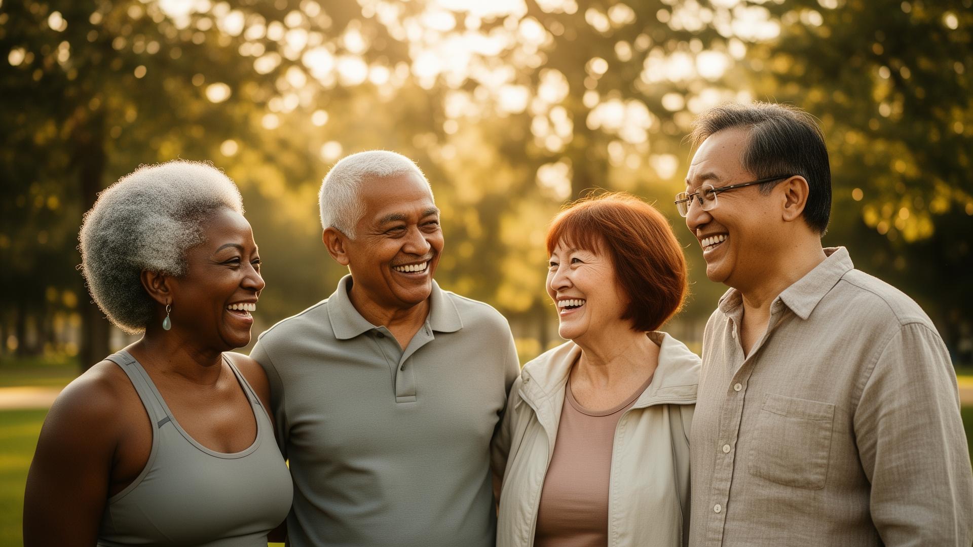 Active seniors walking together in a park
