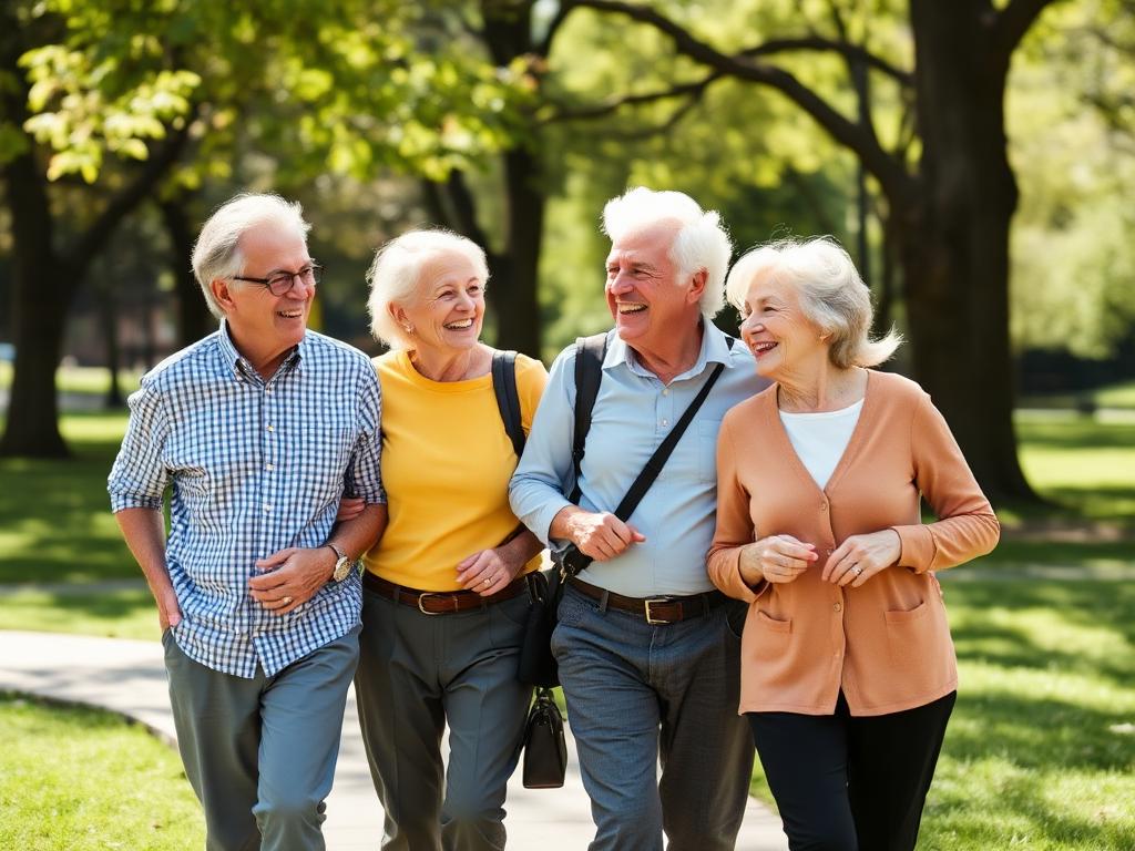 Active seniors walking together in a park