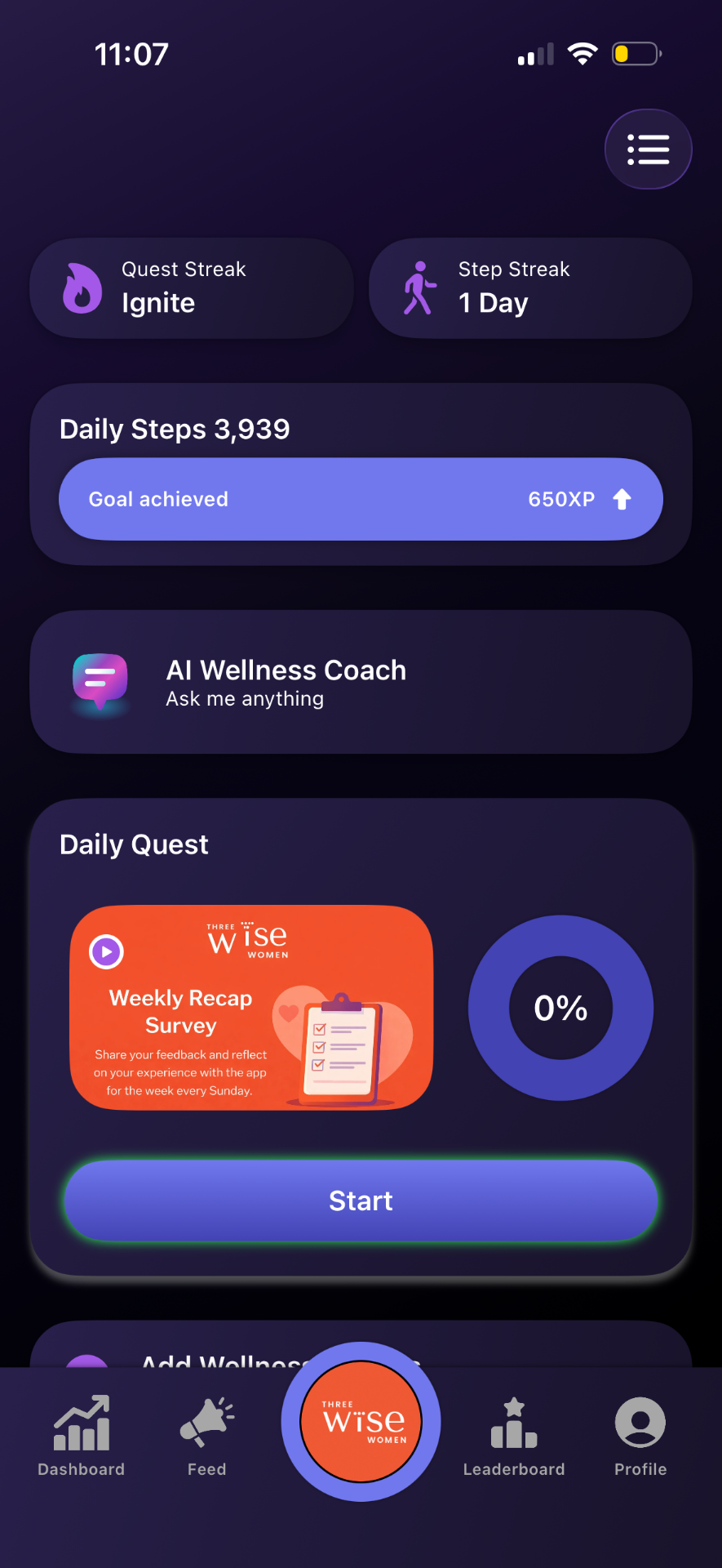 Branded dark-mode version of the Wellnify.ai app