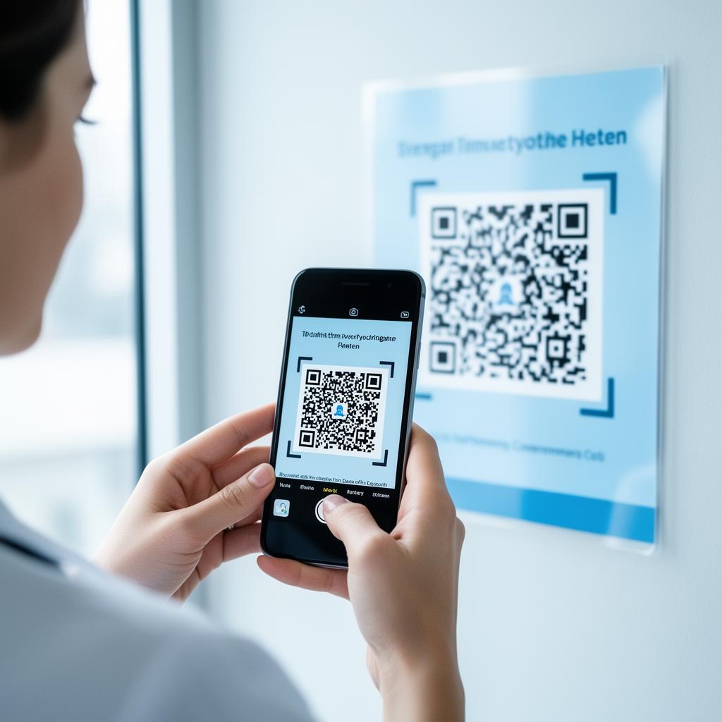 Woman scanning a QR code poster with her phone camera to access Wellnify.ai